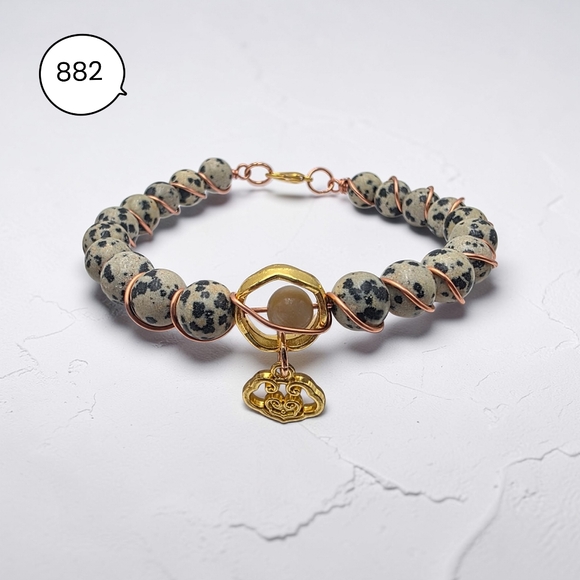 Handmade Jewelry - Dalmatian Jasper Beaded Bracelet with Gold Accent Charm